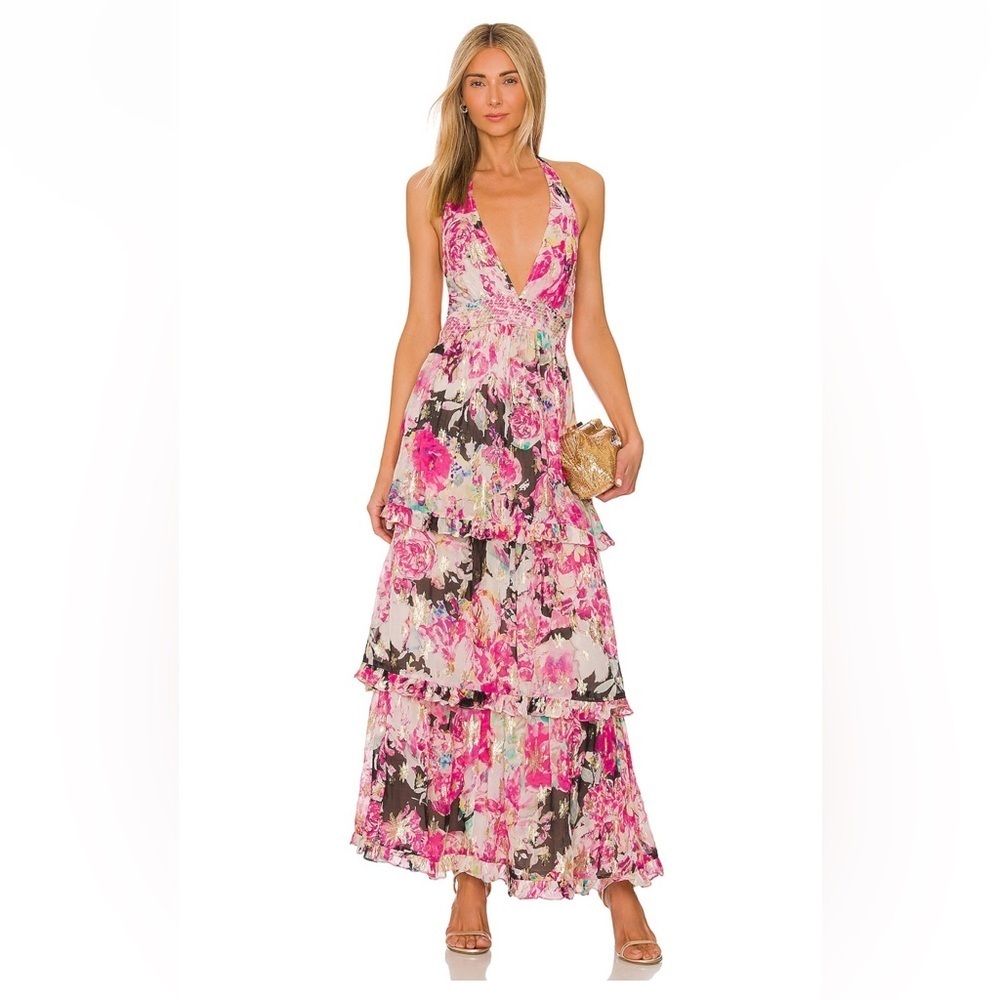 Rococo Sand Long Maxi Floral Halter Dress in Black & Pink - Size XS